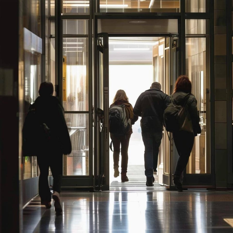 people exiting a door